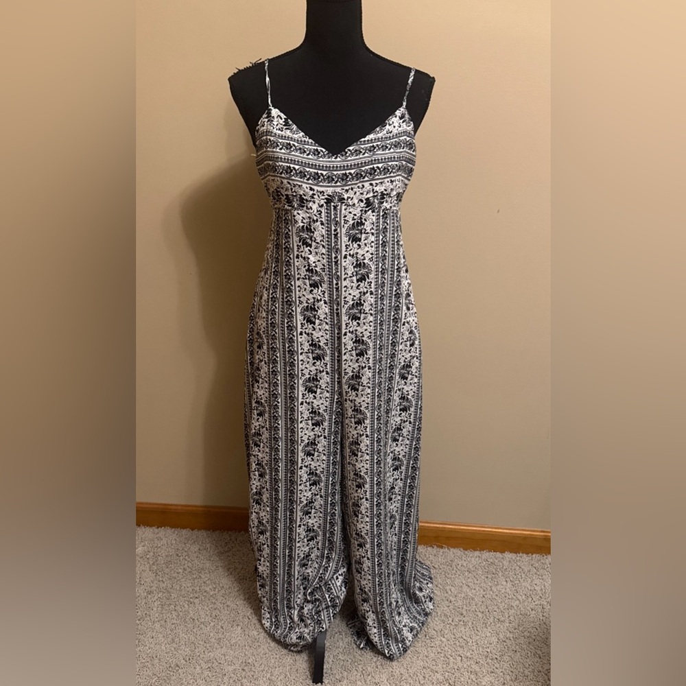 Anthropologie Black and White Boho Floral Jumpsuit